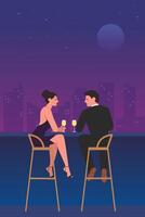 romántico Pareja sentado a bar balcón con cielo y Luna antecedentes. Pareja en amor Bebiendo champán vector ilustración