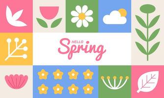 Hello spring sale banner. Minimal geometric shapes with squares. Modern lettering banner,greeting card, invitation, poster template background. Flat vector illustration.