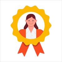 Woman in reward icon. Successful and hardworking worker. Achievement, business award and reward. Rewarding an employee for good results. Cartoon flat vector illustration isolated on a white background