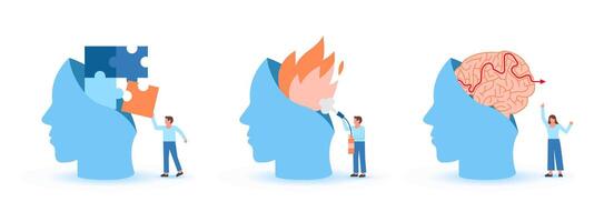 Mental health illustration set. Characters trying to solve mentality problems, fighting against emotional burnout and find the way out. vector