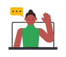 Black Woman do business video call conference, telecommuting, Webinar, using laptop talk to colleagues, online learning and remote working concept, flat vector illustration