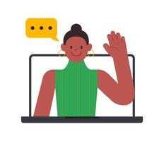 Black Woman do business video call conference, telecommuting, Webinar, using laptop talk to colleagues, online learning and remote working concept, flat vector illustration