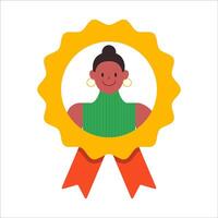 Woman in reward icon. Successful and hardworking worker. Achievement, business award and reward. Rewarding an employee for good results. Cartoon flat vector illustration isolated on a white background