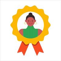 Woman in reward icon. Successful and hardworking worker. Achievement, business award and reward. Rewarding an employee for good results. Cartoon flat vector illustration isolated on a white background