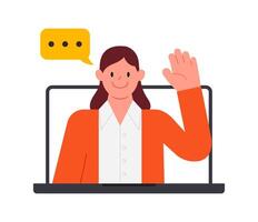 Woman do business video call conference, telecommuting, Webinar, using laptop talk to colleagues, online learning and remote working concept, flat vector illustration