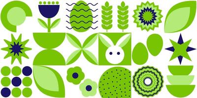 Geometric abstract pattern. Easter, eggs, flowers, plants of simple shapes. Vector illustration.