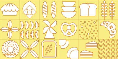 Baking and dessert in trendy geometric style - seamless pattern with icons related to bakery, cafe, cupcakes and logo design templates vector