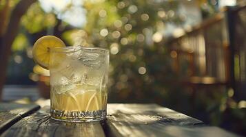 ai generado refrescante con hielo limonada adornado con limón y menta conjunto en brillante patio ambiente foto