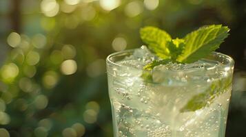 AI generated Refreshing Lemonade Delight with Ice Lemon and Mint Captured in Crystal Clarity Using 50mm Lens photo