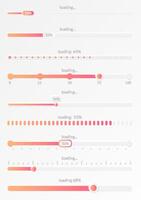 Progreso carga bar. indicador de estado descargar. gráfico íconos de interfaz. neón botones de velocidad de subir. color conjunto de web cargadores con por ciento. futurista ui para sitio web, juego, Internet vector