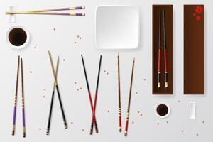 Realistic Food Chopsticks Set Different Types. Vector illustration of Traditional Asian Bamboo Utensils Color Chopstick. Vector illustration