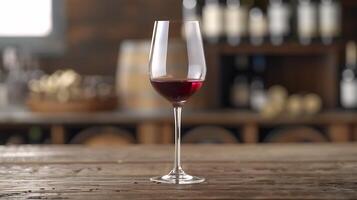 AI generated Glass of Red Wine Basks in Soft Natural Light on Rustic Wooden Table photo