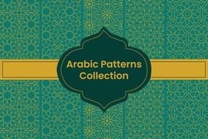 Collection of Golden Arabic Patterns on Green Background, Vector