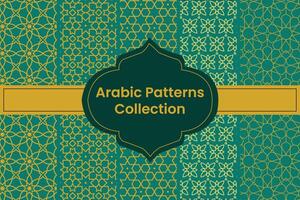 Set of Golden Arabic Patterns on Green Background, Vector