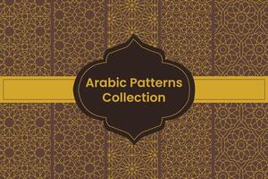 Set of Golden Arabic Patterns on Brown Background, Vector