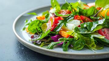 AI generated Vibrant Macro Shot Captures Fresh Colorful Salad on White Plate with Artfully Arranged Vegetables and Leafy Greens photo