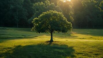 ai generado solitario árbol soportes en vasto prado bañado en calentar luz de sol foto