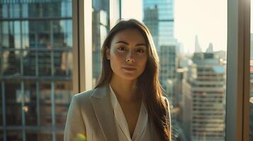 AI generated Confident Businesswoman Strategically Engaged in Modern Office Overlooking City Skyline with Tablet in Hand photo