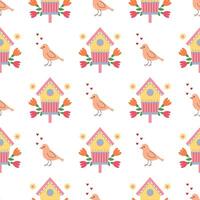 Birdhouse with flowers seamless pattern. Wooden crafted house for birds. Spring time. Wrapping paper, background, digital paper. vector
