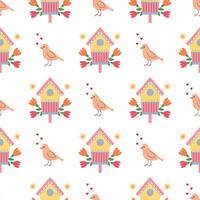 Birdhouse with flowers seamless pattern. Wooden crafted house for birds. Spring time. Wrapping paper, background, digital paper. vector