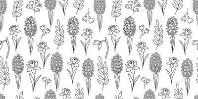 Simple hand drawn floral seamless pattern. Outline spring hyacinth, snowdrops and narcissus flowers. Bloom line art. Botanical background, digital paper, wrapping paper. Black and white. vector