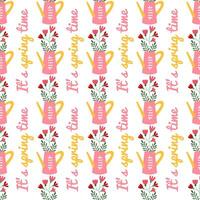 Watering can with spring flowers seamless pattern. It's spring time inscription. Gardening. Colorful hand drawn backdrop. Banner, background, wrapping paper, digital paper. vector
