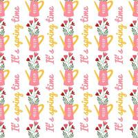 Watering can with spring flowers seamless pattern. It's spring time inscription. Gardening. Colorful hand drawn backdrop. Banner, background, wrapping paper, digital paper. vector