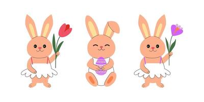 Three cute Easter bunnies in modern cartoon style. Rabbits with flowers and Easter egg. Hand drawn doodles. Spring holidays. vector