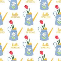 Watering can with tulip seamless pattern. Hello spring inscription. Spring time celebration. Gardening. Colorful hand drawn backdrop. Banner, background, wrapping paper, digital paper. vector