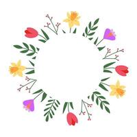 Floral spring frame with place for text. Tulips, narcissus, crocus, greenery. Template for invitation, greeting card. Great for birthday, mom's day, wedding. Background, wreath. vector