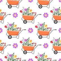 Wheelbarrow with flowers seamless pattern. Spring gardening and farming works. Hand drawn. Background, backdrop, wrapping paper, digital paper. vector