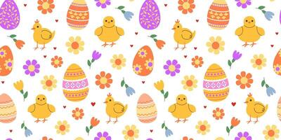 Cheerful chicks and colorful Easter eggs seamless pattern. Easter spring religious holidays. Flowers. Eggs hunt. Background, digital and wrapping paper. vector