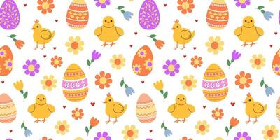 Cheerful chicks and colorful Easter eggs seamless pattern. Easter spring religious holidays. Flowers. Eggs hunt. Background, digital and wrapping paper. vector