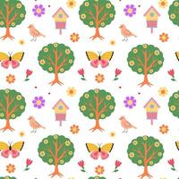 Spring bloom seamless pattern. Blossom time. Blooming tree, butterfly, birds, birdhouses, flowers. Hand drawn. Background, wrapping paper, digital paper. vector