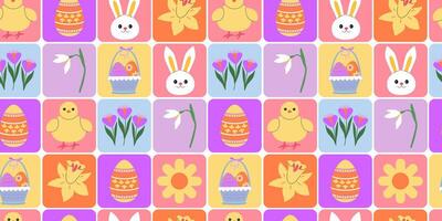 Modern geometric Easter seamless pattern. Geometric mosaic, patchwork, playful squares. Colorful Easter bunny, chick, eggs and flowers. Spring holidays. Banner, background, digital paper. vector