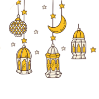 Yellow Ramadan moon and lanterns for Islamic designs png