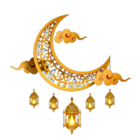 Golden Ramadan moon and lanterns for Islamic designs png