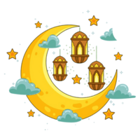 Yellow Ramadan moon and lanterns for Islamic designs png