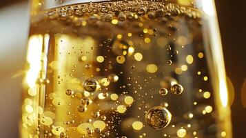 AI generated Effervescent Champagne Glass Captures Golden Sunlight and Bubbling Elegance in Closeup Macro Shot photo