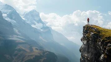 ai generado turista admira majestuoso montaña paisaje desde acantilado cumbre foto