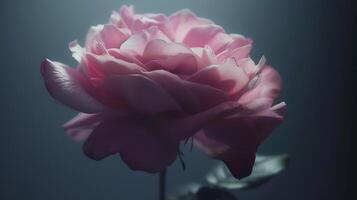 AI generated Delicate Pink Rose Captured in Soft Natural Light with Macro Lens Emphasizing Intricate Petal Details photo