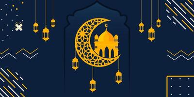 Ramadán kareem Luna mezquita Arábica caligrafía, modelo para bandera, invitación, póster, tarjeta para el celebracion de musulmán comunidad festival vector