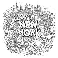 Cartoon cute doodles hand drawn I love New York inscription vector