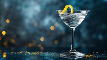 AI generated Elegant Martini Glass with Clear Liquid and Lemon Twist Captured in Moody CloseUp photo