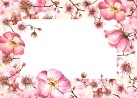 acquerello fioritura primavera sakura, ciliegia albero ramo telaio con rosa canina, cane o brier rosa mini cuffie e fiori. primavera mano disegnato modello per etichetta, carta. illustrazione png