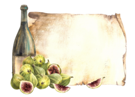 mogen fikon frukt med vin flaska på gammal papyrus blad bakgrund, meny, vin lista, vin framställning mall. vattenfärg hand dra mat isolerat illustration för din skriva ut av klistermärke, flygblad, dryck, kort png