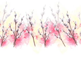 Aquarell Frühling Muschi Weide Baum auf Hintergrund von Aquarell Gelb, Rosa beflecken spritzt nahtlos Grenze, Muster Frühling Geäst, Ostern, Palme Sonntag Karte Vorlage Hand gezeichnet Illustration png