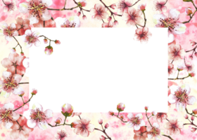 vattenfärg blomstrande vår sakura, körsbär träd gren ram med nypon, hund eller brier reste sig knoppar och blommor. springtime hand dragen mall för märka, kort. illustration png