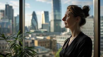 AI generated Confident Businesswoman Embraces City Skyline View in Modern Office photo