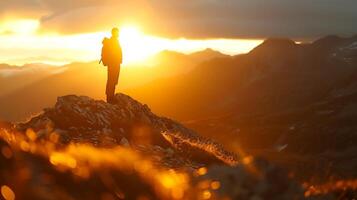 AI generated Traveler Silhouetted on Mountain Peak at Sunset Bathed in Warm Golden Light photo
